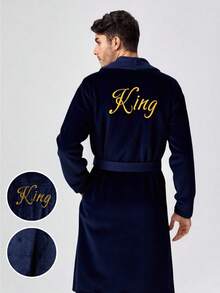 Men's Plush Flannel Bathrobe, Autumn/Winter, Luxury Navy Blue Robe With Embroidered English Text On Front And Back, Shawl Collar, Drop Shoulder, Long Sleeve Robe For Fall Winter, Fluffy, Cozy