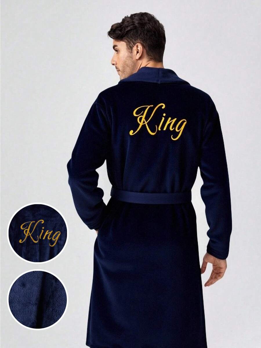 Men's Plush Flannel Bathrobe, Autumn/Winter, Luxury Navy Blue Robe With Embroidered English Text On Front And Back, Shawl Collar, Drop Shoulder, Long Sleeve Robe For Fall Winter, Fluffy, Cozy