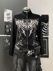 Sunspun Jaqueta plus size feminina com gola alta, estilo punk retrô vanguardista, estampada com strass e decoração frontal, com zíper e capuz, outono/inverno