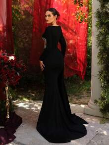 Glamrae Đầm dạ hội dài tay, sang trọng, chất liệu ren thêu tinh tế, dáng đuôi cá, chun co giãn, xếp ly hai bên, thích hợp cho đám cưới, tiệc tùng, kỳ nghỉ, dạ hội, sự kiện trang trọng (thêu cầu kỳ), ngày Valentine. - màu đen - Xem 4