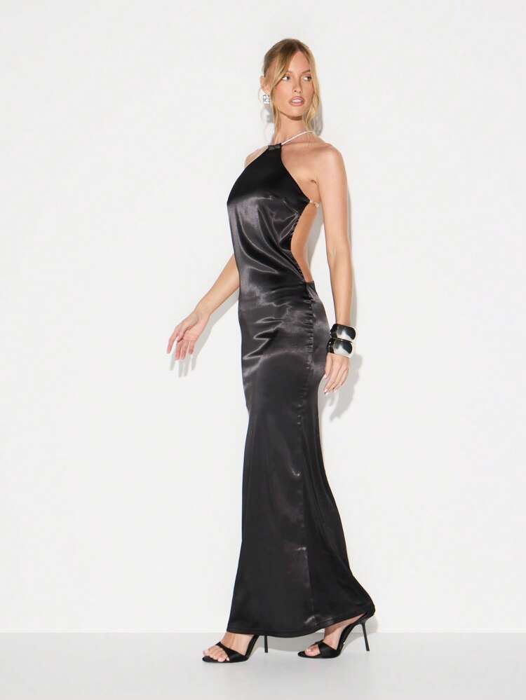 KIZN Halter Neck Satin Maxi Dress With Rope Detail
