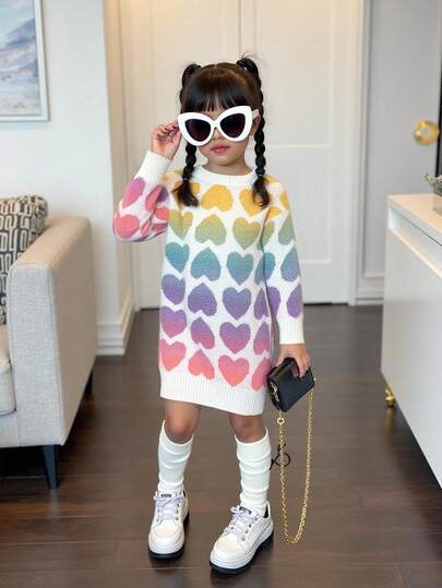 Sparklyn Young Girl' Ombre Heart Pattern Contrast Color Casual Cute Sweater Dress Fall Winter Rainbow Dress Kids Groovy Outfit Kids Girl Clothes Autumn And Winter Clothes Girls Pastel Long Sleeve Dress Girls Spring And Autumn Dress Girls Sweater Dress Autumn And Winter Young Girls Dress Long Sleeves Kids Dress Girls Knitted Dress Autumn Winter Girls Dress Autumn And Winter Young Girls Dresses Rainbow Heart Dress Kids Girl Long Sleeve Dress