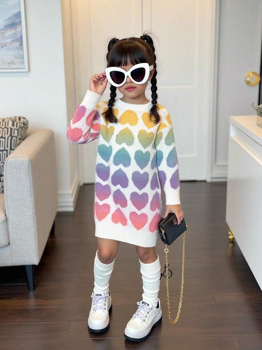 少女漸層愛心彩虹針織洋裝，白色秋季仙女風少女馬卡龍色長袖針織衣，休閒可愛復古秋季冬季洋裝