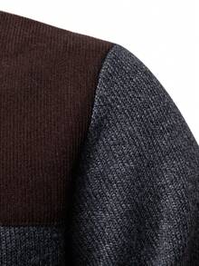Manfinity Mode Boho Western Style Men's Dark Grey Colorblock Knit Cardigan With Zipper Stand Collar Regular Length Long Sleeve - Dark Grey - View 5