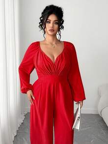 Elenzga 加大码红色圣诞优雅连体裤，2025 年新款，百搭露肩交叉领直筒连体裤，适合返校、毕业典礼、节日、情人节、音乐节、母亲节、万圣节、感恩节、复活节、国庆节、联欢晚会、约会、派对、婚礼、郊游 - 紅色 - 查看 2