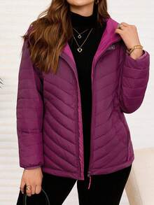 EMERY ROSE Plus Size Women's Winter Casual Warm Solid Color Fuchsia Hooded Zip-Up Waterproof Down Coat, Going Out,  New ,Simple And Fashionable For Everyday Wear,  For Women ,New Year, - Red Violet - View 5