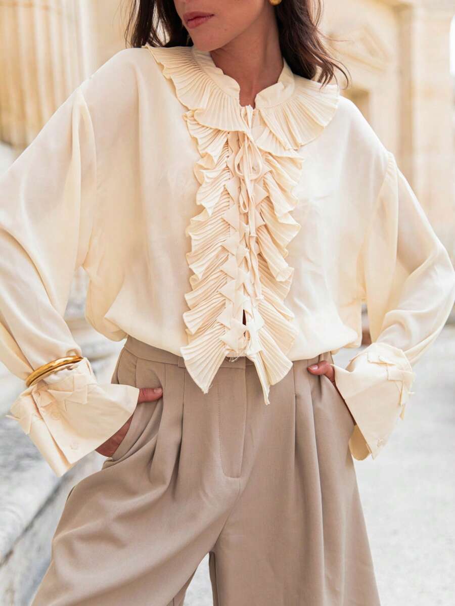 SHEIN Frenchy Áo cánh tay dài thanh lịch viền bèo nhún màu trơn dành cho nữ - Màu vàng - Xem 1