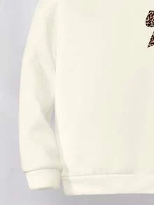 SHEIN Leap Crew 少女复古甜美豹纹蝴蝶结印花奶油白休闲宽松圆领舒适长袖套头卫衣，适合秋冬季节，两件套 - 彩色 - 查看 5