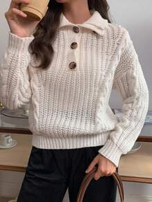 Elyressa Women's Button Decor Long Sleeve Twist Rope Stand Collar Sweater - Apricot - View 3