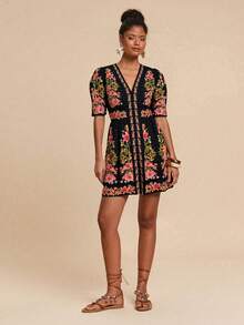 Travachic 女式梭织印花短袖迷你连衣裙 - 黑色 - 查看 3