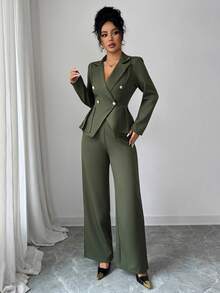 Elenzga Áo khoác blazer dáng ôm tay dài màu xanh quân đội thanh lịch dành cho nữ, ve vai màu xanh lá cây, cài nút kim loại, viền bất đối xứng, xếp nếp + Quần ống đứng dáng ôm thiết kế túi màu xanh quân đội thanh lịch dành cho nữ, Xuân/Thu - xanh quân đội - Xem 6