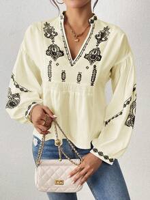 SHEIN LUNE Women's Shirred Graphic Print Long Sleeve Button Shirt Peplum Top - Light Yellow - View 5