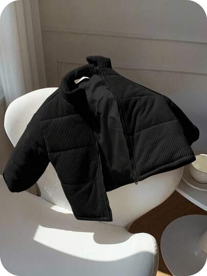 SHEIN Young Boys' Casual Everyday Sports Thick Corduroy Corduroy Loose Padded Stand Collar Quilted Coat, Suitable For Autumn/Winter Wear, Indoor, Outdoor, Skiing, Snow Playing Childrens Puffer Jacket Black Jacket For Kids Puffer Jacket Kids Cute Jackets For Kids