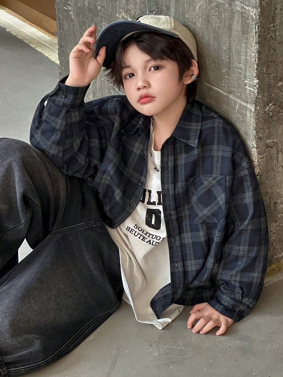 DAZY 青少年男孩休闲格子长袖衬衫，秋季 - 藏蓝色 - 查看 1