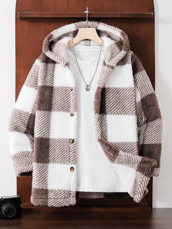 SHEIN Tween Boy Casual Plaid Hooded Jacket, Autumn/Winter