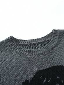 Manfinity EMRG 全新秋冬博主时尚做旧提花图案男士套头毛衣 - 深灰色 - 查看 3