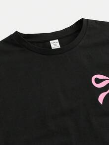 SHEIN 青少年女孩 2 件套休闲宽松针织圆领牙签褶图案套头衫和短裤套装，适合日常穿着、户外、春季野餐、返校和各种场合 - 黑色 - 查看 9