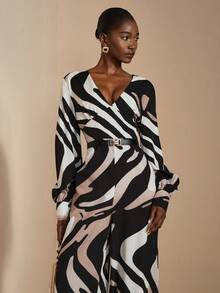 JIAN LASALA V Neck Multi Waving Print Bishop Sleeves Smocking Waist Wide Leg Casual Women Jumpsuit Luxury Stylish Clothing Collection Elegant Graphic Jumpsuit - Multicolor - View 6