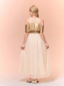 Vestido de satén con patchwork y superposición de malla, vestido de gala largo para adolescentes en color dorado para fiesta/banquete