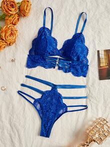 SHEIN Set de 2 piezas Sujetador inalámbrico sexy de encaje para mujer (Sujetador inalámbrico + Tanga) para salir - azul real - Ver 3