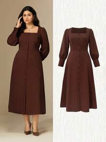 Juhart Plus Size Women's Elegant Commuter Brown Square Collar Single-Breasted Puff Sleeve Long Sleeve Fitted Slim Long Dress