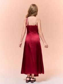 Tween Girls' Elegant Ball Party Formal Satin Slit Fitted Dress - Burgundy - View 2