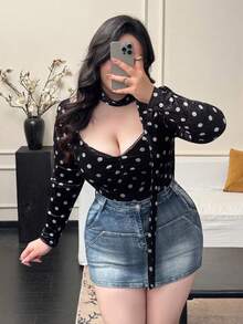 Flirla Women's Plus Size Long Sleeve Velvet Polka Dot Patchwork Lace T-Shirt - Black - View 4