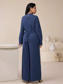 Veilorie 2pcs Women's Arabic Style Outfit (Long Sleeve Top And Wide Leg Pants Set) - Dusty Blue - View 4