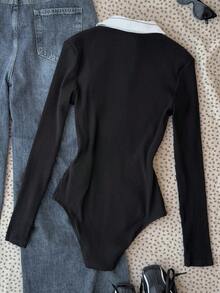 SHEIN 少女黑色针织条纹拼布高领长袖紧身衣