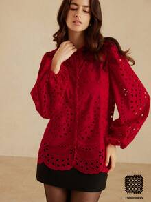 Aveloria Rosie 新款秋季法式休闲奢华刺绣镂空百褶前长袖衬衫 - 紅色 - 查看 2