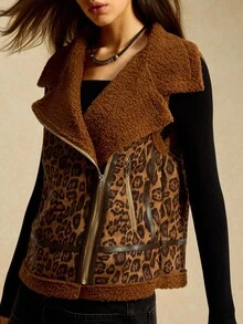 Easelle Chaqueta sin mangas con cremallera y forro térmico con estampado de leopardo, ropa de otoño e invierno para mujeres - Multicolor - Ver 1