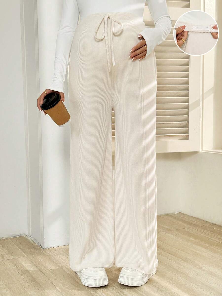 SHEIN 孕妇休闲日常通勤纯色系带可调节腰部保暖阔腿裤 - 杏色 - 查看 1