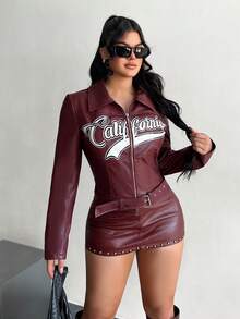 SHEIN SXY Burgunderrote Jacke mit Buchstaben-Muster, figurbetont, mit Reißverschluss, Herbst-Winter-Kleidung für Frauen