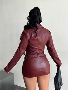 SHEIN SXY Burgunderrote Jacke mit Buchstaben-Muster, figurbetont, mit Reißverschluss, Herbst-Winter-Kleidung für Frauen