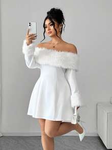 Elenzga Plus Size Women's Elegant Faux Fur Collar Dress, Suitable For Valentine's Day, Holidays, New Year's Party, Wedding, Christmas - White - View 4