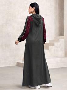 Al Najma 秋冬连帽拼色喇叭优雅时尚卫衣连衣裙 - 灰色 - 查看 2