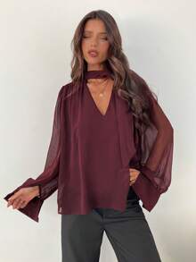 Aloruh 女士优雅通勤雪纺深V领长袖衬衫 - 紫色 - 查看 7