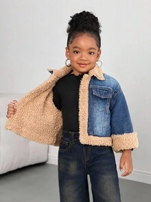 SHEIN 女童宽松蓝色牛仔保暖外套，秋冬季 - 中等水洗藍 - 查看 3