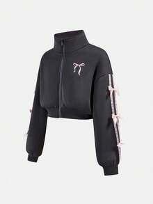 SHEIN 少女字母刺绣套头拉链卫衣和休闲裤两件套 - 深灰色 - 查看 6