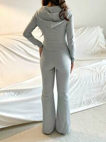 SHEIN 少女两件套：灰色连帽罗纹针织短款开衫和喇叭裤，休闲街头装 - 灰色 - 查看 2