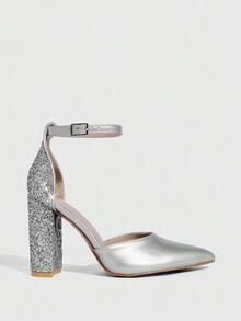 CUCCOO SZL Fashionable Pointed Toe Thick High Heel Silver Glitter Ankle Strap Women's High Heel Pumps, Hollow Out Sexy Elegant Party Dress Shoes For Christmas - Silver - View 2
