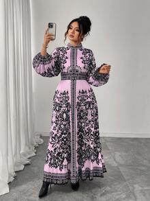 Elenzga Váy xòe dài xếp ly cỡ lớn dành cho nữ, màu đen và mơ, cổ tròn, thắt eo, thon gọn, tay dài, thanh lịch cho tiệc trà chiều và đi chơi, váy dài họa tiết Paisley - Màu Hồng baby - Xem 3