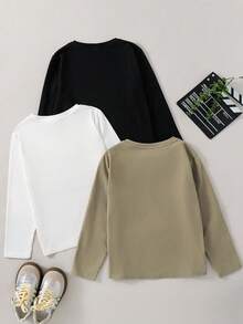 SHEIN 3件套青少年男童休闲日常舒适字母印花宽松圆领针织T恤，3种款式，适合生日派对、晚宴、演出、婚礼、洗礼、开幕式等场合，日常穿着舒适，适合上学、旅行、运动，适合春夏穿着，卫衣街头风长袖上衣，潮流男童长袖上衣。 - 彩色 - 查看 2