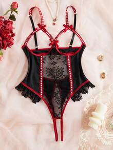 SHEIN 1 件花卉蕾丝拼布开裆露背连体衣，可调节肩带蝴蝶结镂空设计性感连体衣，适合女性外出 - 黑色 - 查看 3