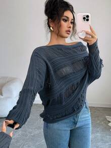 Rafferiza Women's Elegant Gray Autumn Chic Slouchy Slant Collar Asymmetrical Shoulder Knitted Batwing Sleeve Pullover Sweater, Night Out Casual Business Office Top - Navy Blue - View 6