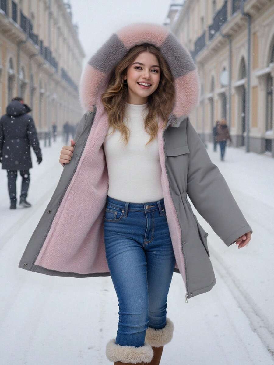 SHEIN 少女休闲百搭淑女粉色渐变色毛绒抽绳腰袋长款保暖棉服外套