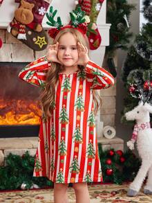 少女条纹圣诞树印花长袖睡衣 - 彩色 - 查看 7