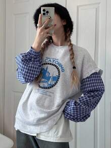 FRIFUL Áo nỉ chui đầu dáng rộng cổ tròn tay dài họa tiết kẻ caro, chắp vá phía trước, họa tiết lớn, thường ngày, phong cách đường phố đa năng, thu/đông - Xám - Xem 3