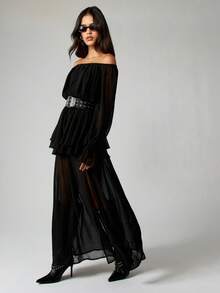 MISSGUIDED Off Shoulder Chiffon Maxi Dress With Belt Ruffle Long Sleeves Black Gothic Festival Wear - Black - View 4