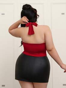 CovetEZ Plus Size Sexy Solid Color Halter Backless Camisole Top, Summer - Red - View 2